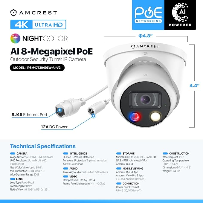 Amcrest UltraHD 4K (8MP) IP POE AI Camera, 4K @30fps, 98ft Night Color Vision F1.0, Security Outdoor Turret Camera, Vehicle & Human Detection, Active Deterrents, Two-Way Audio, IP8M-DT3949EW-3AI