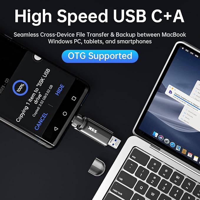 SSK USB Flash Drive 512GB SSD External, TLC NAND Solid State Drive Dual USBC & USBA Ports, Up to 1000MB/s High-Speed Portable 1TB USB Thumb Drive Stick for iPhone 15/16/17 Pro, Mac, Android, PC Backup
