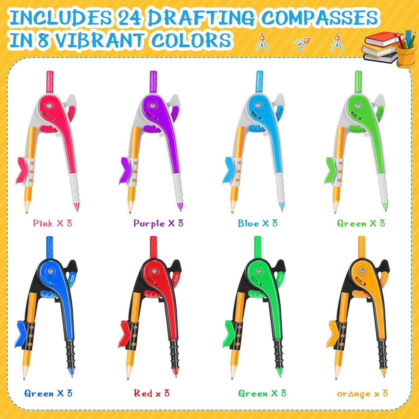 Zonon Student Math Geometry Compass Bulk 6 Inch Plastic Drawing Compass with Pencils Bright Color Precision Tool Back to School Supplies(24 Pcs)