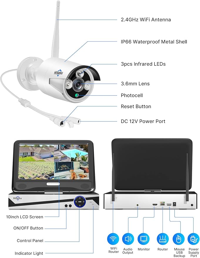 [10CH Expandable] Hiseeu Wireless Security Camera System with 10in LCD 4K Monitor, 4Pcs 5MP Outdoor Indoor Cameras with One-Way Audio, Waterproof, Motion Detect, 1TB HDD/Cloud Storage