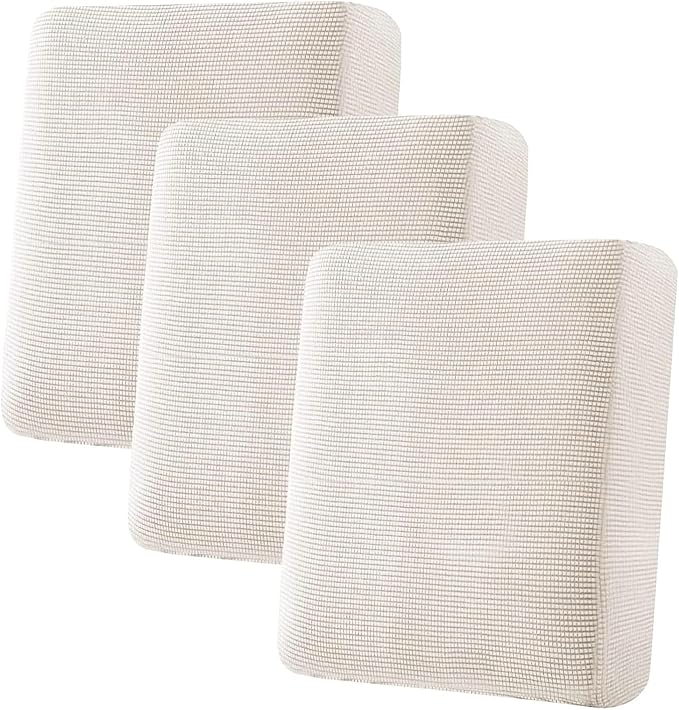H.VERSAILTEX Super Stretch Individual Seat Cushion Cover Sofa Covers Couch Cushion Covers Slipcover Sets Thick Jacquard Textured Twill Fabric (3 Piece Sofa Cushion Covers, Ivory)