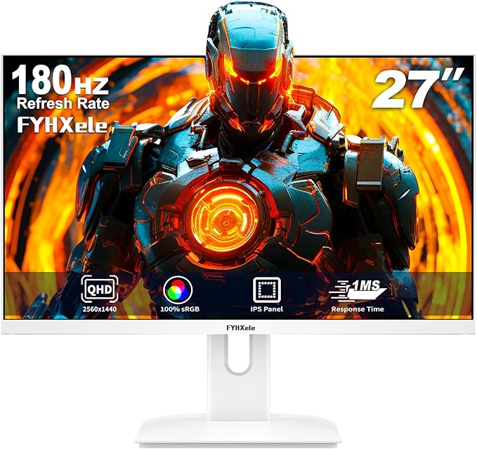 27” White Monitor, FHD (1920x1080P) 180Hz 100% sRG Computer Monitors，IPS Panel, 3Sides Frameless, Flicker-Less,Blue Light Filter, for Office & Gaming (DP,HDMI)