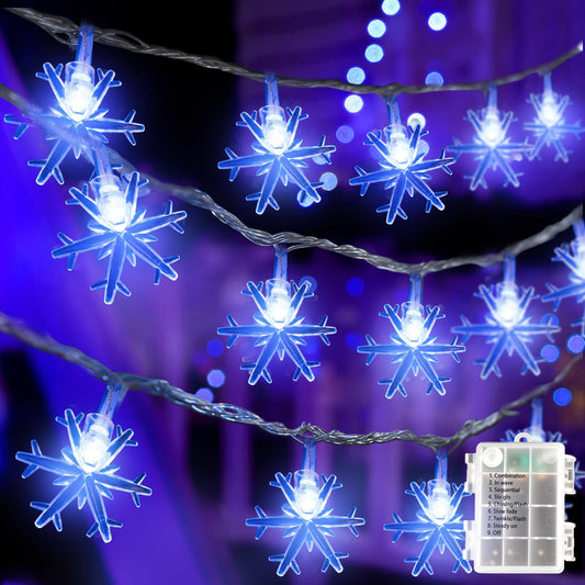 DomeStar Snowflake String Lights, 100LED, 50Ft, Battery Operated, Waterproof, Blue, Model HR4032981, Indoor/Outdoor Decor