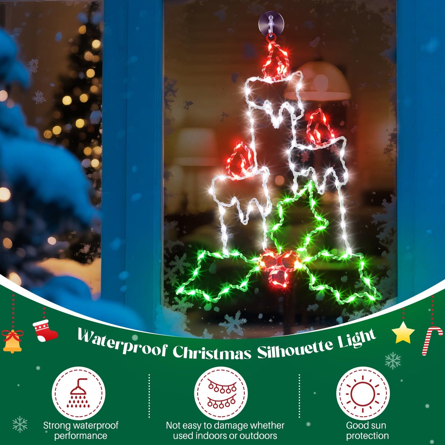 Enhon Christmas Window Silhouette Light, Battery Operated, 8 Modes, Timer, 15.8in, White/Red/Green, 2 Pack, Model SO-Enhon-2400