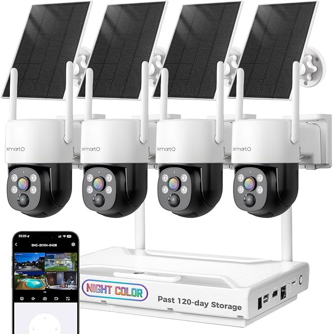 [Night Color] XMARTO 2K HD Wireless Solar Security Camera System with Starlight Color Night Vision, PTZ Control, Long Range WiFi6, Easy Mobile View, HDMI View on Monitor, 0 Monthly Fee, 64GB Micro SD