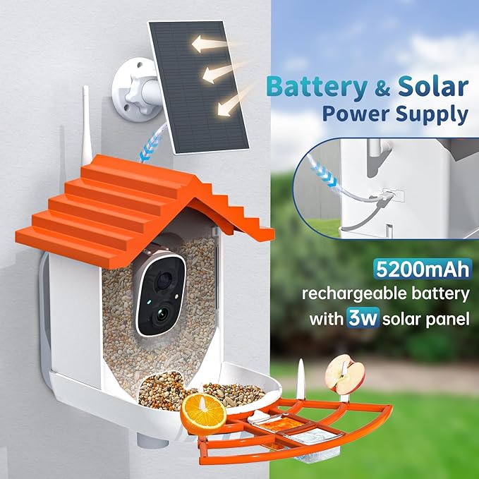 Smart Bird Feeder with Camera Solar Powered & AI Bi rd Identification, 2.4Ghz WiFi Bird feeders for Outdoors, 2K Live Video, Nstant Arrival Alerts - Orange