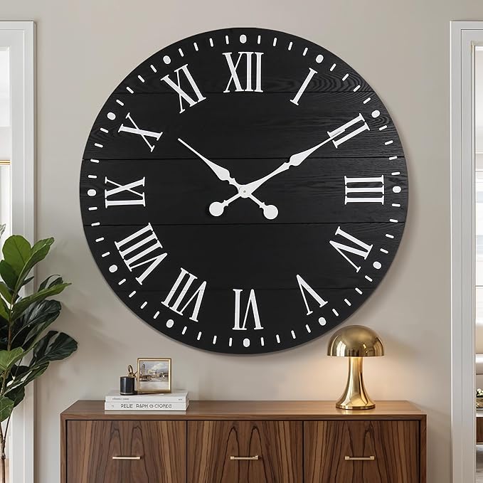 35" Large Wall Clock, Shiplap Wall Clock with Roman Numeral Nearly Non-Ticking Farmhouse Round Wall Clocks for Living Room Decor, Office, Bedroom, Entrance, Black