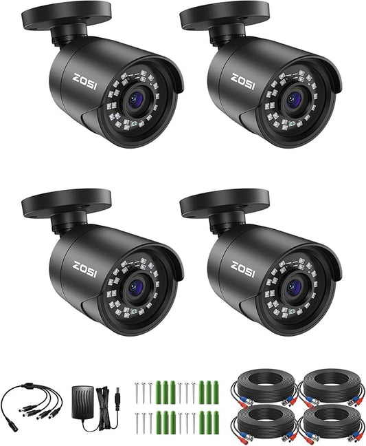 ZOSI 4 x 2MP 1080p Home Security Camera Outdoor Indoor, 1920TVL HD CCTV Bullet Camera, 100ft Night Vision, 90° Wide Angle, IP66 Weatherproof Surveillance Camera with 24 LEDs (Black Color)