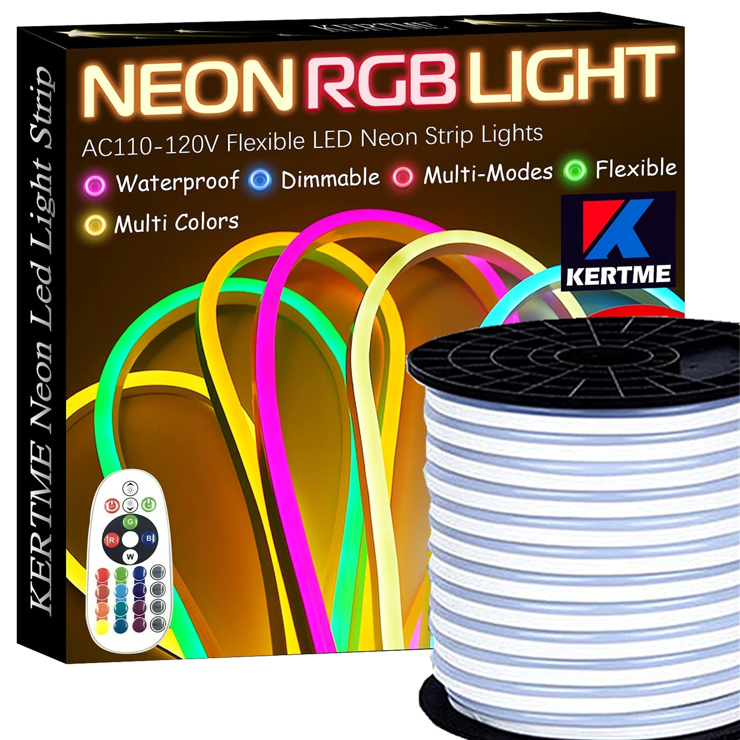 KERTME Neon LED Light Strip, Waterproof, Dimmable, RGB Colors, 131.2ft, Model Neon LED-RGB-40M