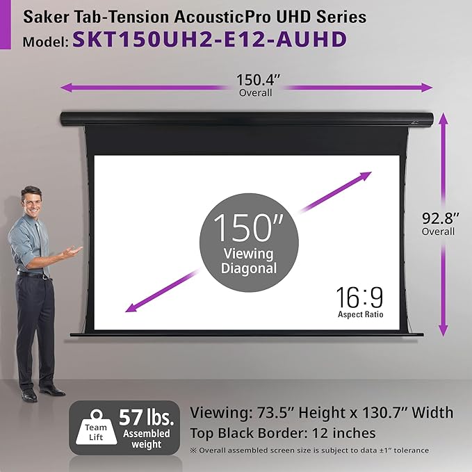 Elite Screens Saker Tab-Tension AcousticPro UHD Series, 150-INCH Diagonal 16:9, 4K/8K Ultra HD Electric Sound Transparent Perforated Weave Drop Down Front Projector Screen, SKT150UH2-E12-AUHD