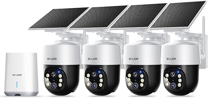 SOLIOM Security Cameras Wireless Outdoor,8MP Ultra HD for Day and Night, No Subscription,Built in Radar,Solar Powered Cameras for Home Security, 360° Pan Tilt Auto Tracking,5G & 2.4G WiFi, 4-Cam Kit