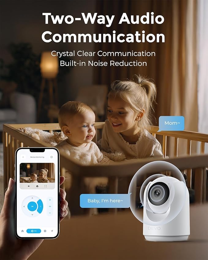 Devo Indoor Smart Cameras for Home Security 2K, 360 Pan-Tilt Human Pet Dog Baby Monitor Camera with Phone App, WiFi Home Camera Motion Detection, Color Night Vision 2-Way Audio, 256GB SD Card & Cloud