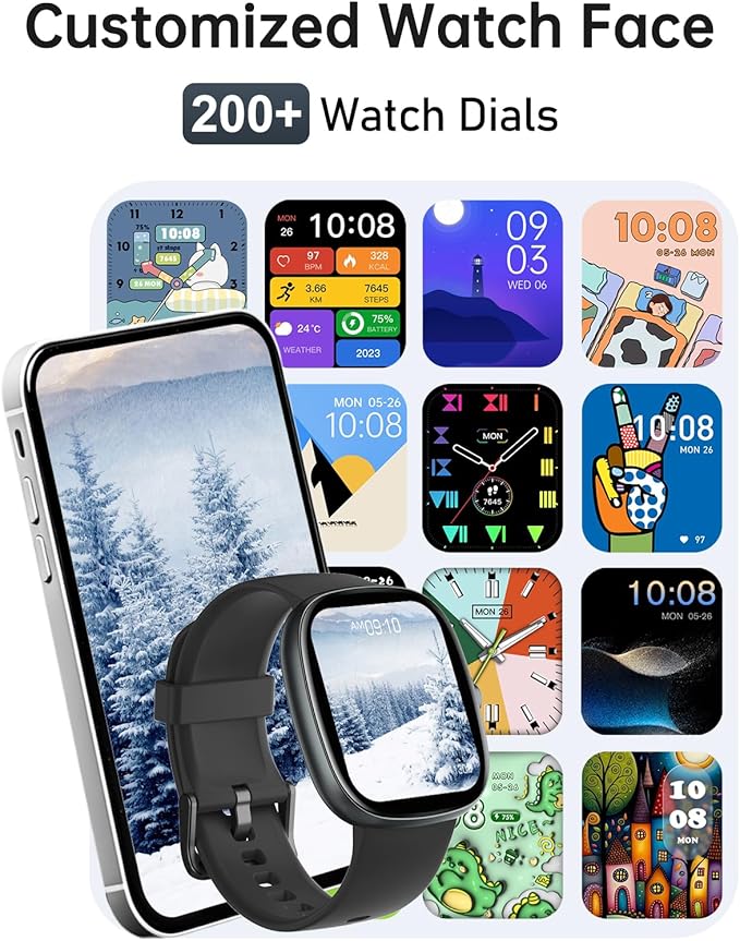 HUAKUA Smart Watches for Women Men (Answer/Make Calls), 1,85" HD Smart Watch for iPhone/Android Phones, Fitness Tracker with 100+ Sport Heart Rate/Sleep Monitor Pedometer Waterproof (Black)