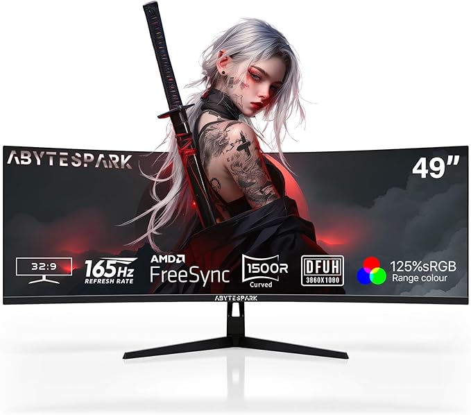 49 Inch Curved Ultra Wide Gaming Monitor, 4K (3840x1080P), 144Hz/165Hz 1500R, 32:9125% sRGB, FreeSync, Height Adjustable Screen Monitor, HDMI 2.1 And DP 1.4, Supports Wall Mounted Installation