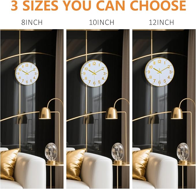 Gold Wall Clocks Battery Operated, 12 Inch Non Ticking Digital Wall Clock, Silent Analog Clock for Bedroom Living Room Kitchen Office Gym Classroom, Large Number Clocks for Seniors Elderly