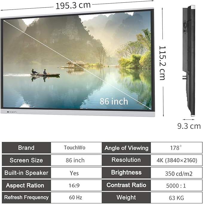 86" Touchscreen Monitor Smart Board, 4K Interactive Presentation Electronic Whiteboard with Android 13, Digital Signage Display for Office, Classroom,RAM 4GB+ ROM 32GB