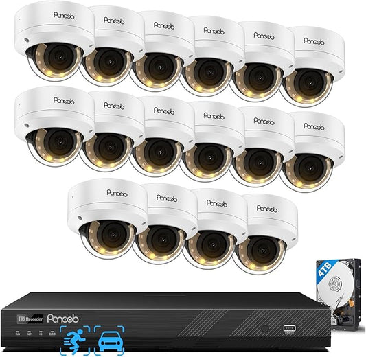 4K 16 Channel PoE Security Camera System, 16x 8MP IK10 Vandal Dome Cameras with Human Vehicle Detection, Smart Color Night Vision, 2 Way Audio, 24/7 Remote Access, 4TB HDD NVR, PD54Y1616-8M
