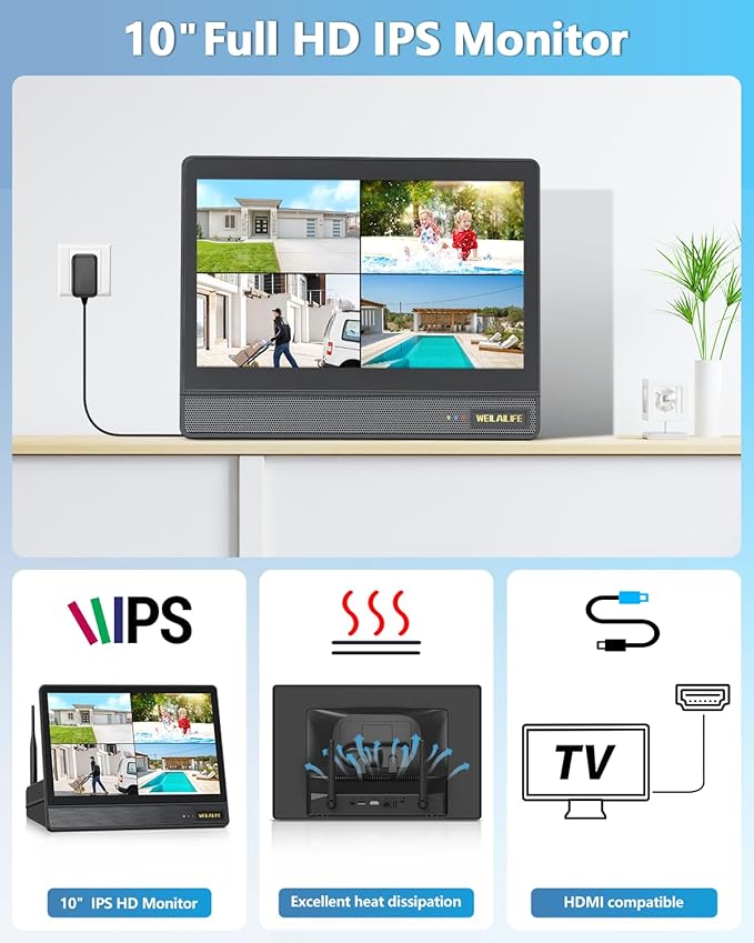 WEILAILIFE 5MP Wireless Security Camera System with 10" Monitor, Outdoor WiFi Home Video Cameras Systems Surveillance DVR Kits