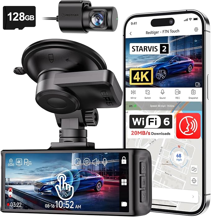 REDTIGER 4K STARVIS 2 Dash Cam Front and Rear, 5GHz WiFi 20MB/s Download, 128GB Card Included, Voice Control, Dash Camera for Cars with 3.18" Touch Screen, GPS, Loop Recording, Parking Mode(F7N Touch)