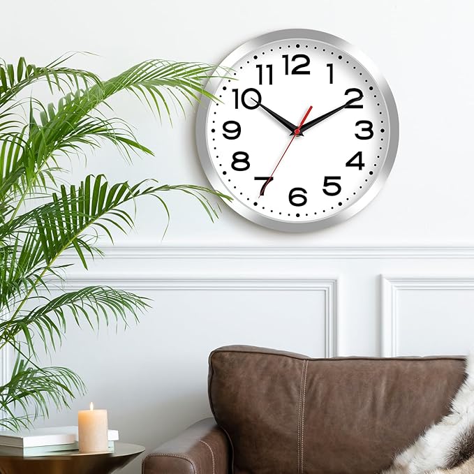 Wall Clock Silent Non-Ticking Modern Clock Battery Operated 10 Inch Small Classic Analog Decorative for Kitchen, Bathroom, Office, Bedroom, Home(Silver)