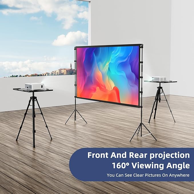 Projector Screen Outdoor, Vamvo Projector Screen with Stand Portable 150" Foldable ProjectorScreen, 10 Feet Indoor Movie-Screen with Carrying Bag for Home Theater Backyard Movie Night