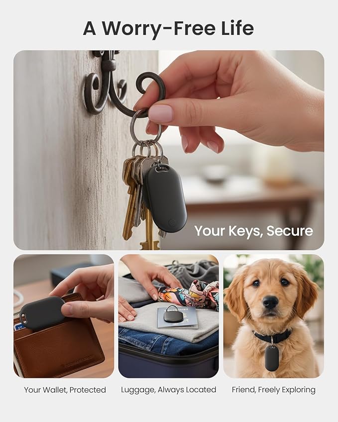 Slim Air Tracker Tags Compatible with Apple Find My (iOS Only) [Apple MFi Certified] Smart Tag with Replaceable Battery Bluetooth Tag Item Finder for Keys, Wallet, Luggage, Bags (Rich Black)