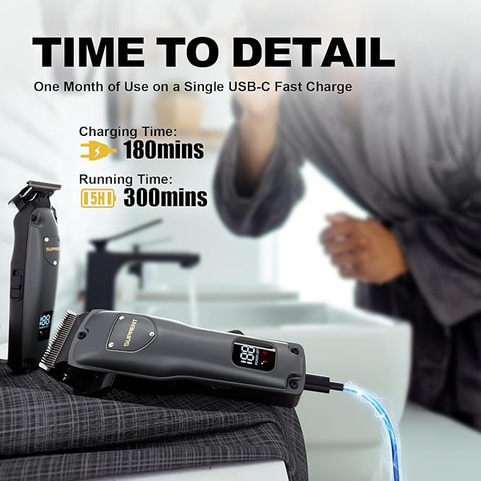 SUPRENT Hair Clippers for Men Professional, USB-C Rechargeable Cordless Clippers for Hair Cutting, Mens Hair Clippers and Trimmer Kit for Barber with LED Display for Barbers & Home Use
