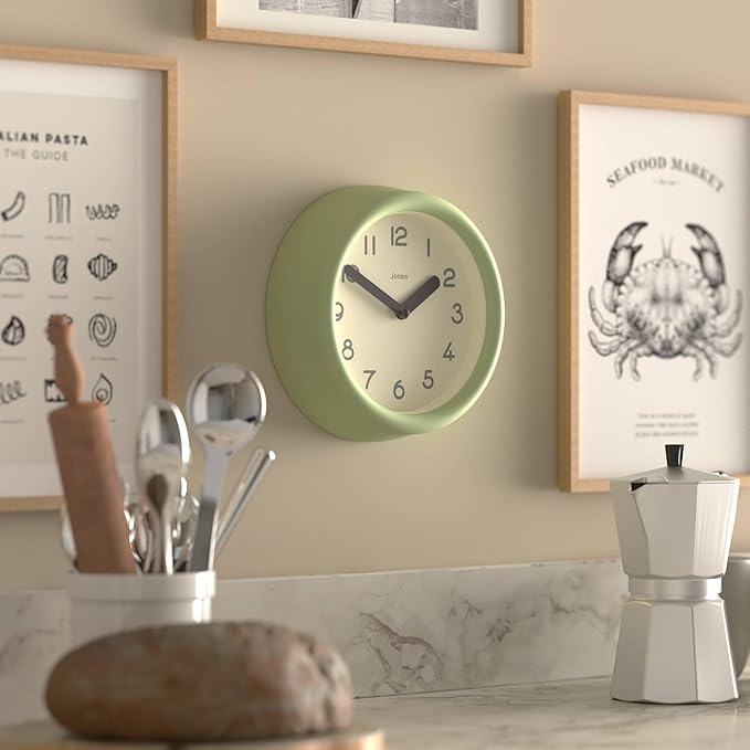 JONES CLOCKS® Fuze Wall Clock | Small Round Clock | Matcha Green | Playful Modern Design with Soft sculptural Presence | Ideal for Kitchens Living Rooms Kid's bedrooms