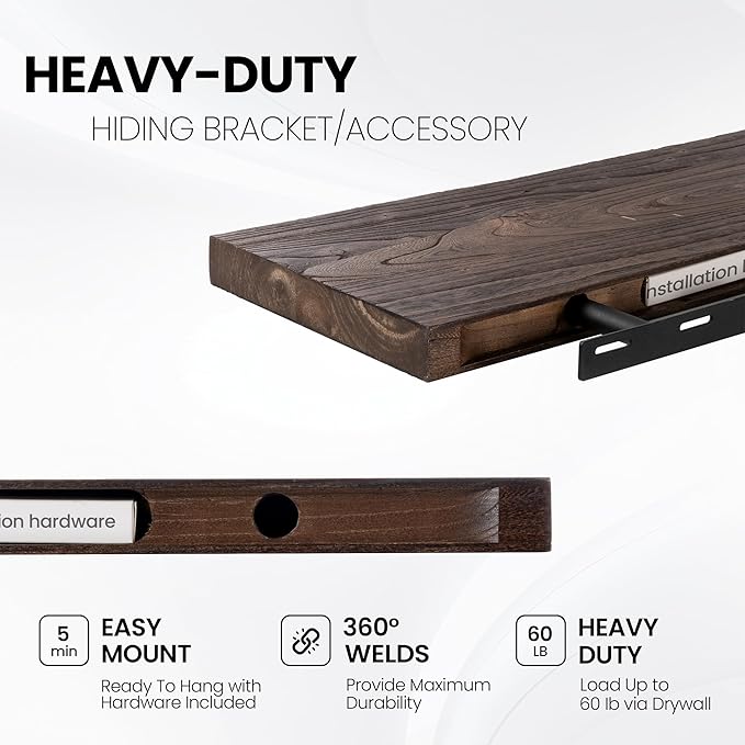 Fun Memories Floating Shelves for Wall, 24 Inhc Floating Shelves Wall Mounted, Rustic Live Edge Elm Wood Shelf, Heavy-Duty Storage Shelves for Books, Bathroom, Kitchen, Walnut Finish, Set of 2