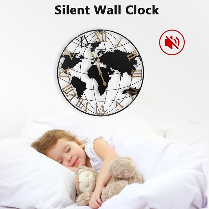 Gugxiom 24 Inch Large World Map Wall Clock Battery Operated, Roman Numeral Wall Clock, Metal Minimalist Modern Clock, for Office Kitchen Bedroom Living Room