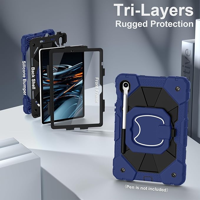 Case for Samsung Galaxy Tab S10 Lite / S10 FE / S9 FE 10.9 Inch & Galaxy Tab S9 11 Inch, Rugged Samsung S10 FE Case with Pen Holder 360 Rotating Stand Shoulder Strap Screen Protector,Navy Black