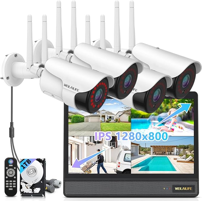 WEILAILIFE 5MP Wireless Security Camera System with 10" Monitor, Outdoor WiFi Home Video Cameras Systems Surveillance DVR Kits