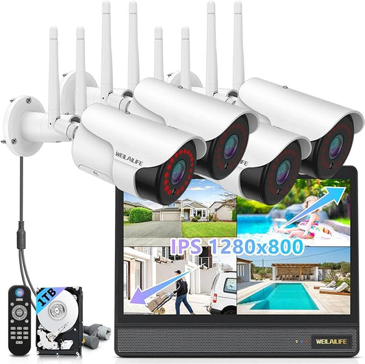 WEILAILIFE 5MP Wireless Security Camera System with 10" Monitor, Outdoor WiFi Home Video Cameras Systems Surveillance DVR Kits