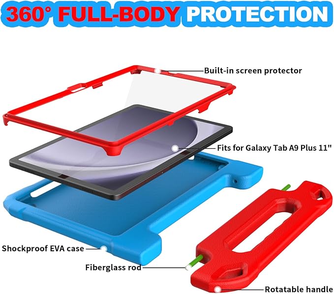 YIHE Kids Case for Samsung Galaxy Tab A11 Plus 2025 & A9 Plus 2023 11 Inch, Shockproof Handle Stand Cover with Built-in Screen Protector, Blue&Red
