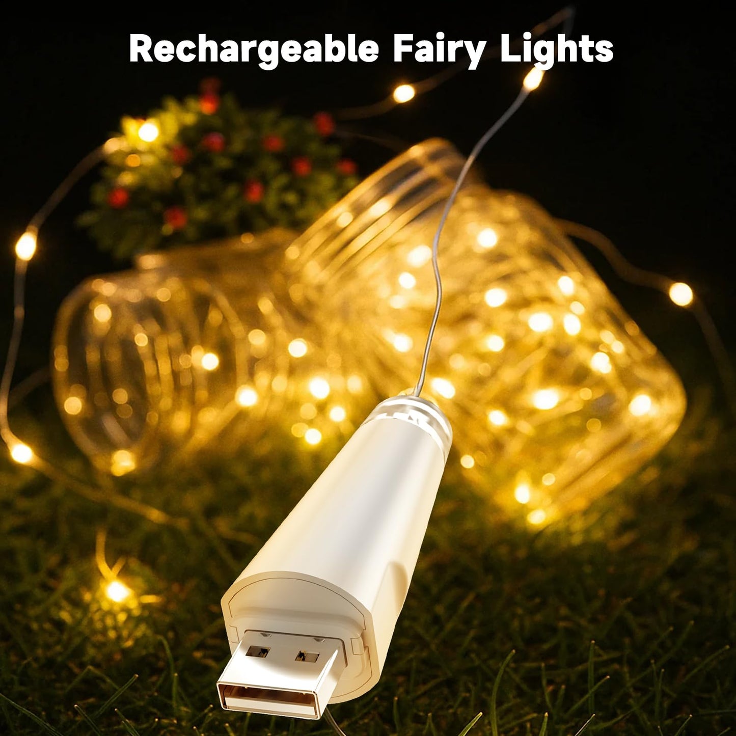 OUSMIN Rechargeable Fairy Lights - 20 LED String Lights, USB Battery Operated, 7ft, White, for Mason Jars and Wedding Decor