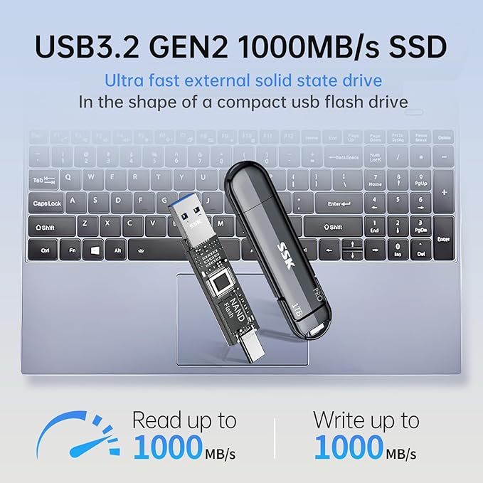 SSK 1TB USB Flash Drive SSD, External TLC NAND Solid State Drive Dual USBC & USBA Ports, Up to 1000MB/s High-Speed Portable 1TB USB Thumb Drive for iPhone 15/16/17 Pro Mac Android PC Backup