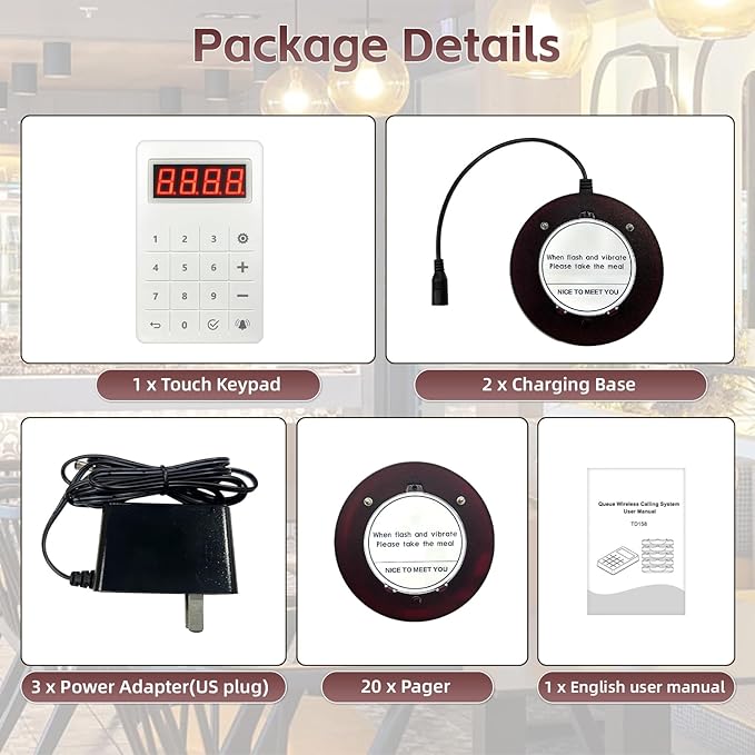 Pagers for Restaurants 20 Coaster Beeper, Restaurant Pager System Long Range, Customer Queue Pagers Set with Vibration, Flashing and Buzzer, Beepers for Food Truck, Church, Nursery