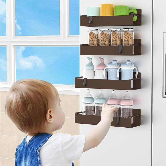 4 Pack Magnetic Spice Rack Organizer for Refrigerator and Oven, Brown Fridge Organizers and Storage for Kitchen