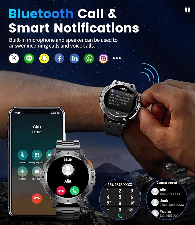 LIGE 1.43" AMOLED Smart Watch for Men with Flashlight, Bluetooth Calling, 100+ Sport Modes, 530mAh, IP68 Waterproof Fitness Tracker for Workout, iOS Android Compatible, Black Steel Black Silicone