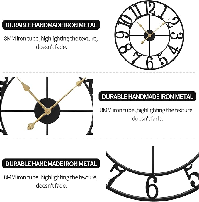 LEIKE Large Wall Clocks,Silent,Non Ticking,Battery Operated Big Retro Round Modern Metal Wall Clock for Living Room, Bedroom,Dinning Room,Farmhouse,Office,Home Decor-20 Inch(Black-Arabic Number)