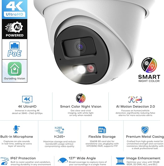 4K IP PoE Camera, Upscaled 8MP PoE Camera Outdoor with Mic/Audio, 98ft IR/Color Night Vision, Human & Vehicle Detection, 127° FOV, MicroSD (256GB), Hik-connect/iVMS4200