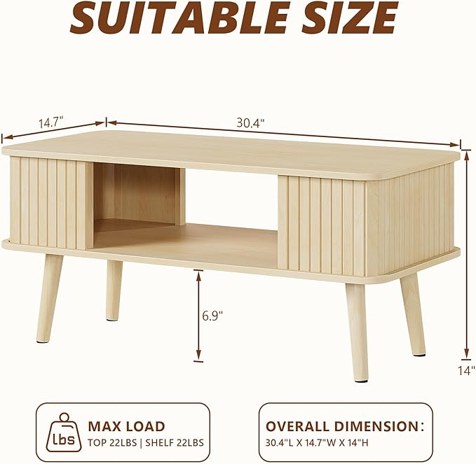 LAZZO Coffee Table with Storage Center Table for Living Room Rectangle Coffee Table with Rounded Edges,Easy Assembly, Natural Wood