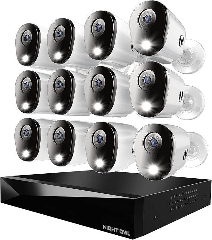 Night Owl 2-Way Audio 20 Channel DVR Video Home Security Camera System with (12) Wired 4K HD Indoor/Outdoor Deterrence Cameras and 2TB Hard Drive (Add up to 4 Wi-Fi Cameras) (12 Camera)