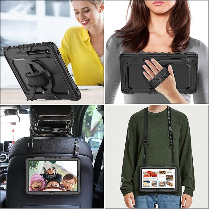 SEYMAC stock Case for Samsung Galaxy Tab S7 FE / S8 Plus 5G Case 12.4'' with Screen Protector Pencil Holder [360 Rotating Hand Strap] &Stand, Drop-Proof, Black