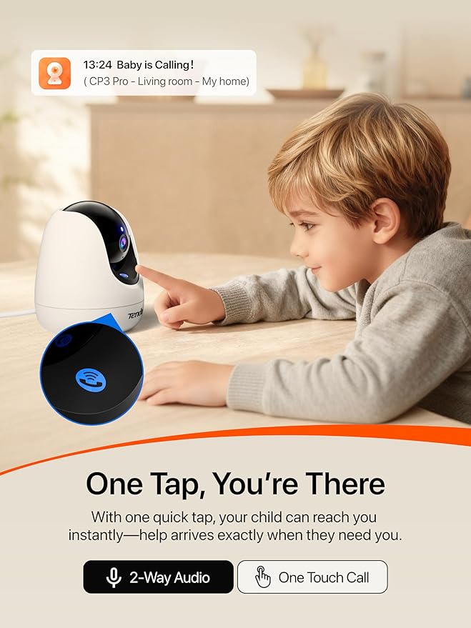 Tenda CP3 Pro 2K Indoor Security Camera with WiFi 6 & AI Baby/Pet Detection – Baby Monitor, Pet Camera for Home, One-Touch Calling, Night Vision, Military-Grade Encryption, No Subscription Needed