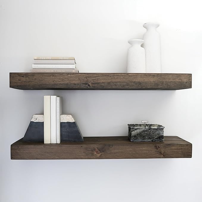 Modern Floating Shelves 3 Inches Thick for Wall, Wide Shelves for Kitchen, Living Room, Bedroom, and Bathroom, Natural Pine Wood, Rustic Wooden Shelf, (Set of 2) (Jacobean, 36Lx3Hx6D)