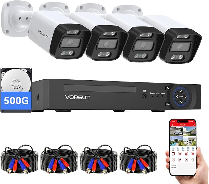 Wired Security Camera System, 4CH 5MP Lite CCTV Surveillance DVR Kit with 4 x 3MP Home AHD Security Camera for Outdoor Use, IP66 Waterproof Metal Shell,Remote Access,Smart Detection,500G HDD
