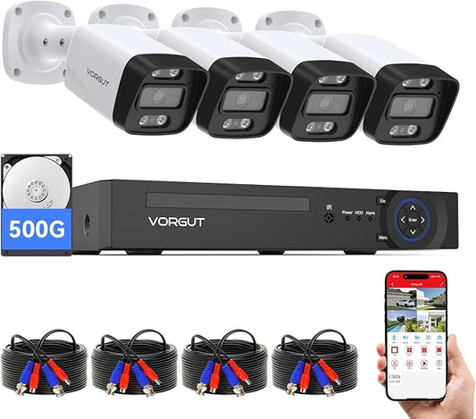 Wired Security Camera System, 4CH 5MP Lite CCTV Surveillance DVR Kit with 4 x 3MP Home AHD Security Camera for Outdoor Use, IP66 Waterproof Metal Shell,Remote Access,Smart Detection,500G HDD