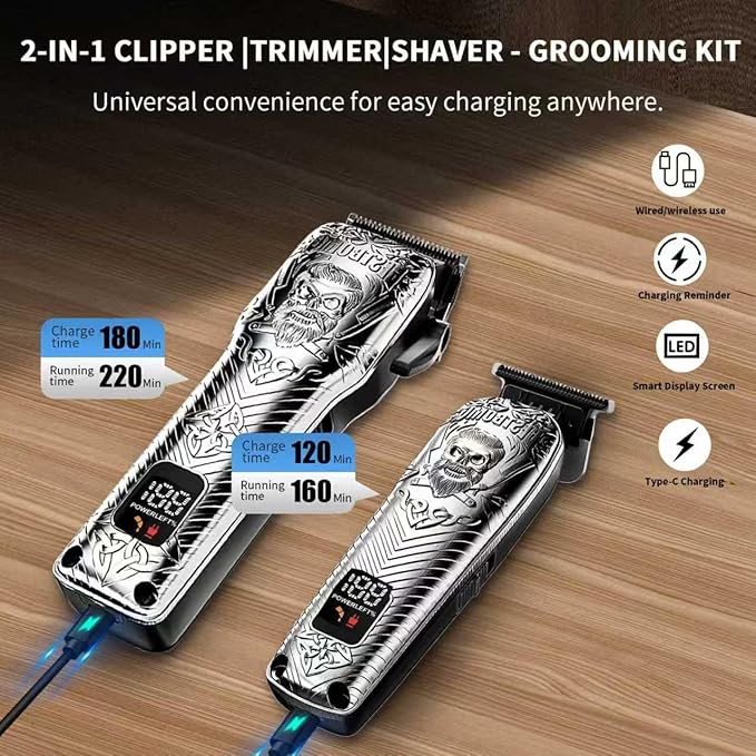 BESTBOMG Professional Cordless Mens Hair Clippers & Beard Trimmer Kits & Sets,Metal Hair Clippers Cutting Grooming Kit with Long Battery Life for Family Barber Use (Gray)