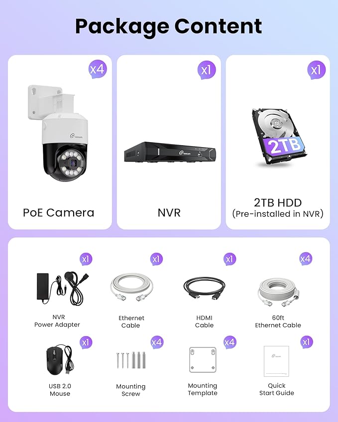 Loocam 5MP Home Security Camera System, 4pcs Pan & Tilt Wired PoE IP Cameras Set for Indoor Outdoor, AI Person/Pet/Vehicle Detection, Color Night Vision, 4K 8CH NVR 2TB HDD Included, Plug & Play